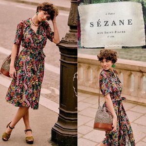 Sézane Laurette Dress in Black Tropics, Size US 14 (FR Size 46)